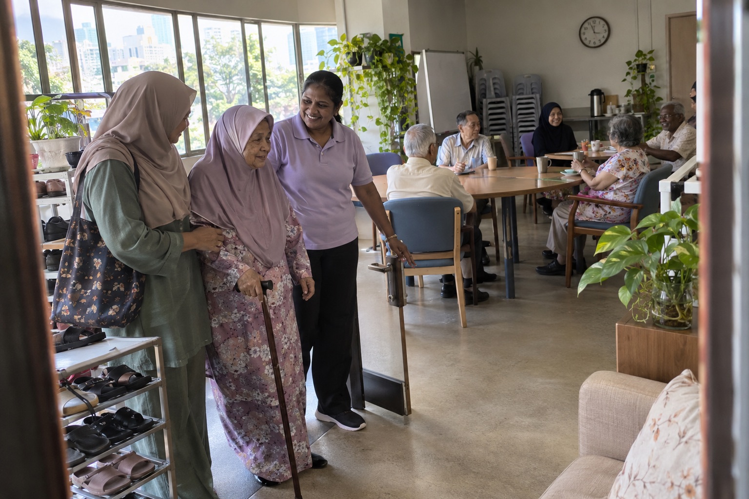 A woman in a headscarf walks her mother, who uses a walking stick, into a day centre as a carer in a lavender polo greets them, with other seniors at tables behind