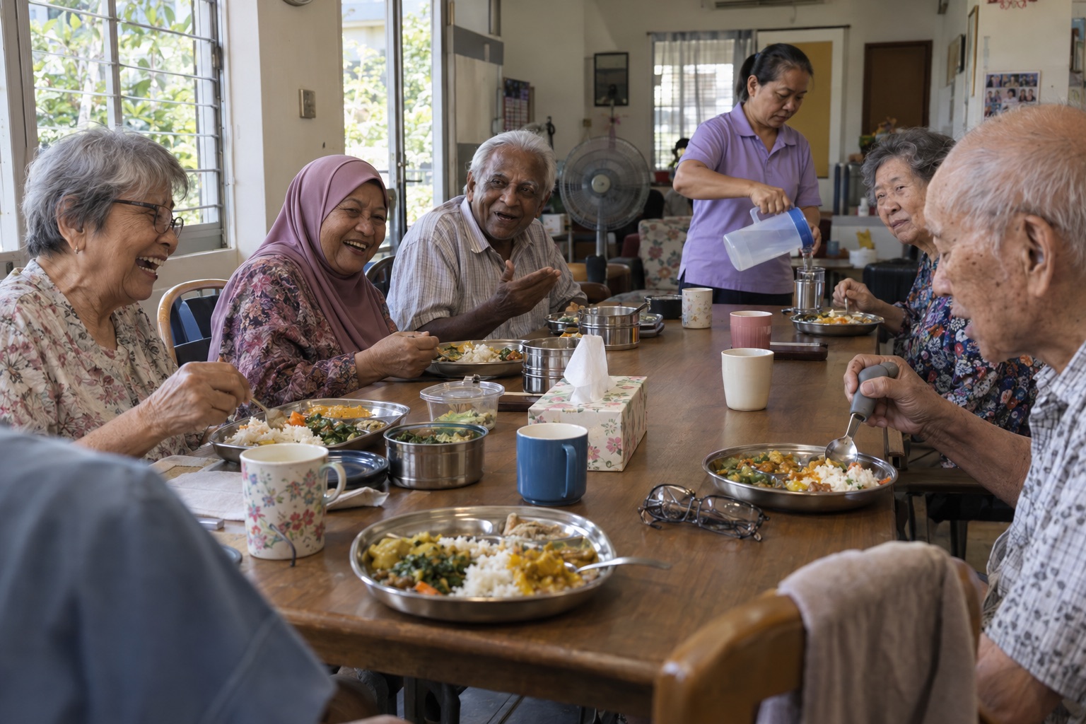 Older Malaysian women and men laughing over plates of rice and vegetables at a long table while a carer pours water