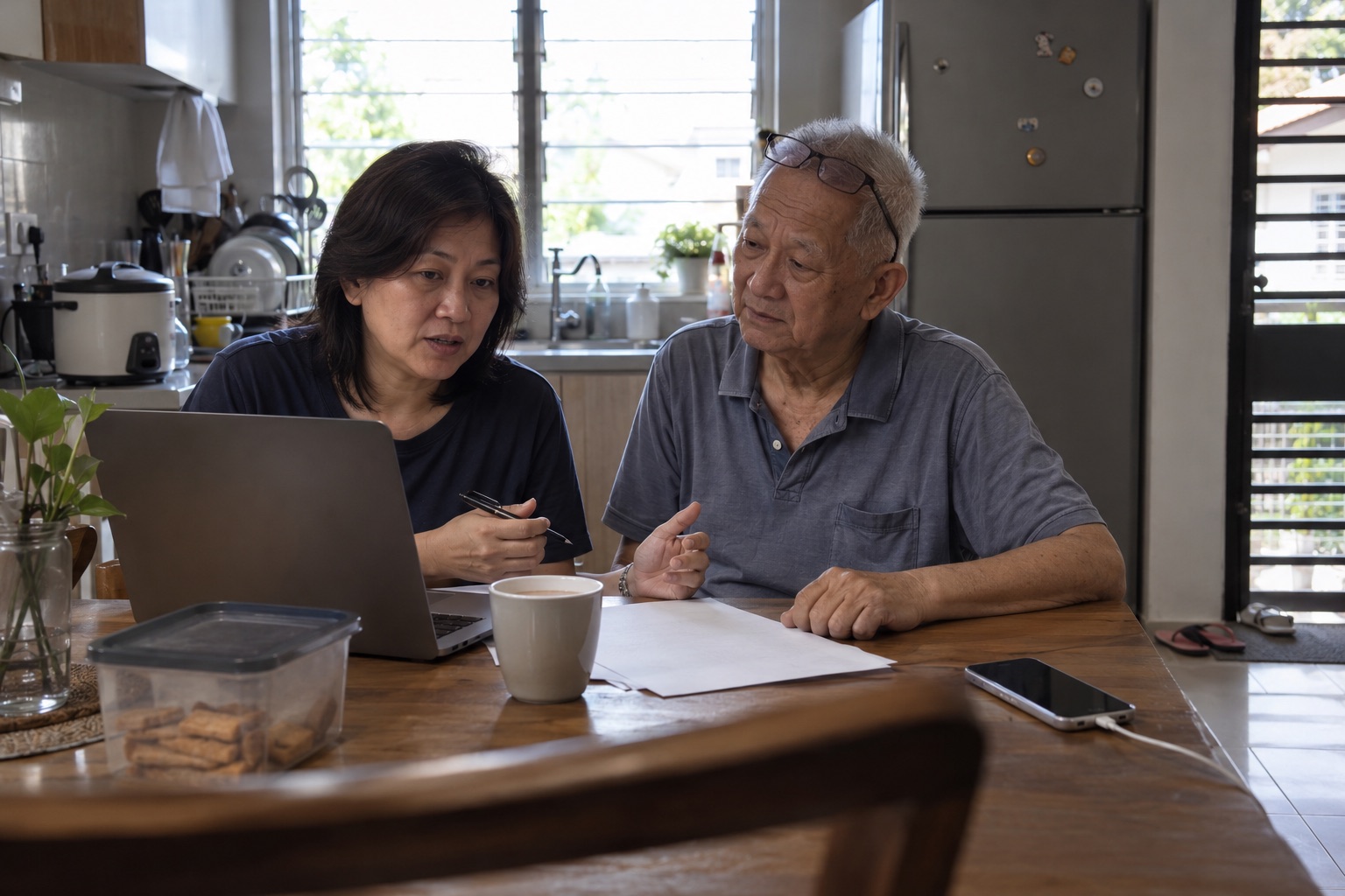 A woman and her father sit at a kitchen table with a laptop, papers and a mug, talking through figures