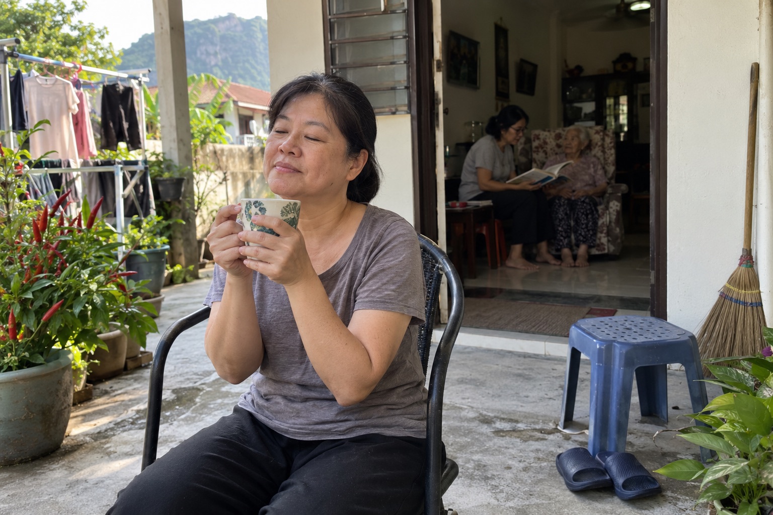 A woman drinks a cup of coffee on the front porch while, inside, a relative reads to an older woman in an armchair