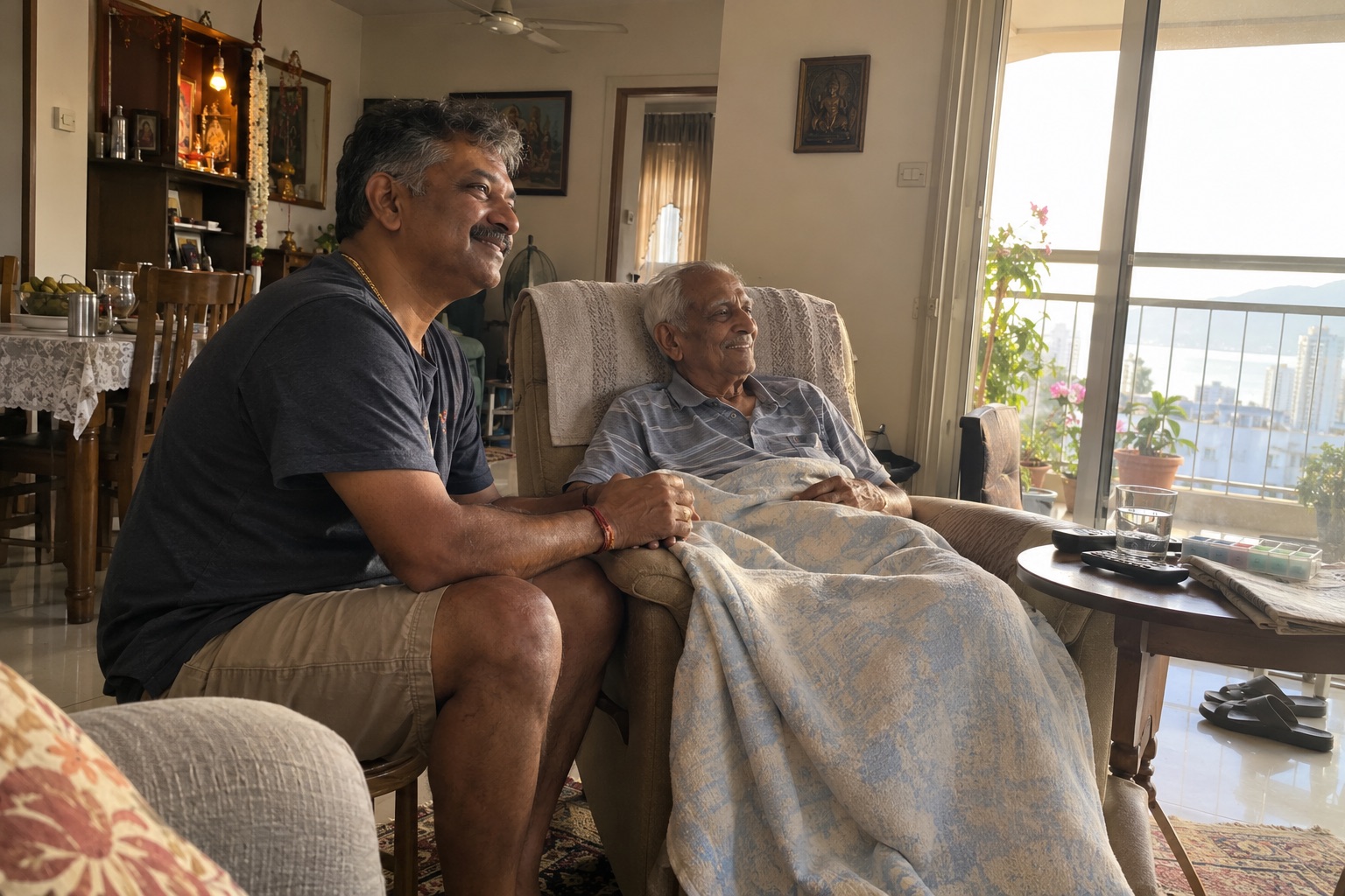 A man sits beside his father, who rests in a recliner under a blanket in their living room